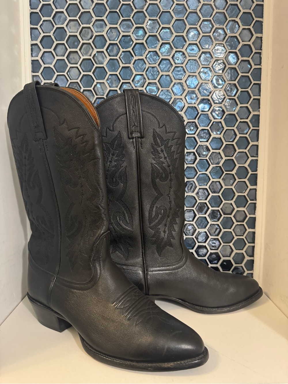 Men’s Genuine Leather Black Nocona Boots Size 8 D Embroidered Western Cowboy